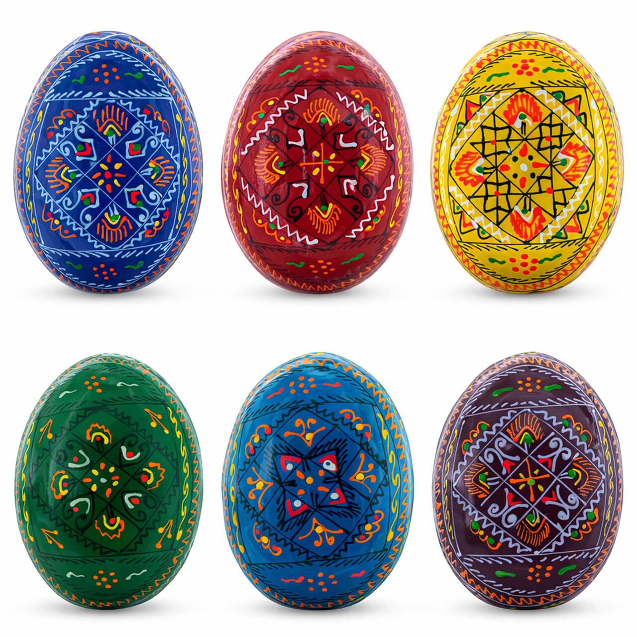 Set of 6 Traditional Ukrainian Pysanky Wooden Easter Eggs 2.5 Inches